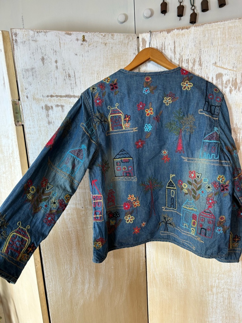 Chico's Blue Denim Jacket with Multicolor Embroidery - Picture 6 of 12